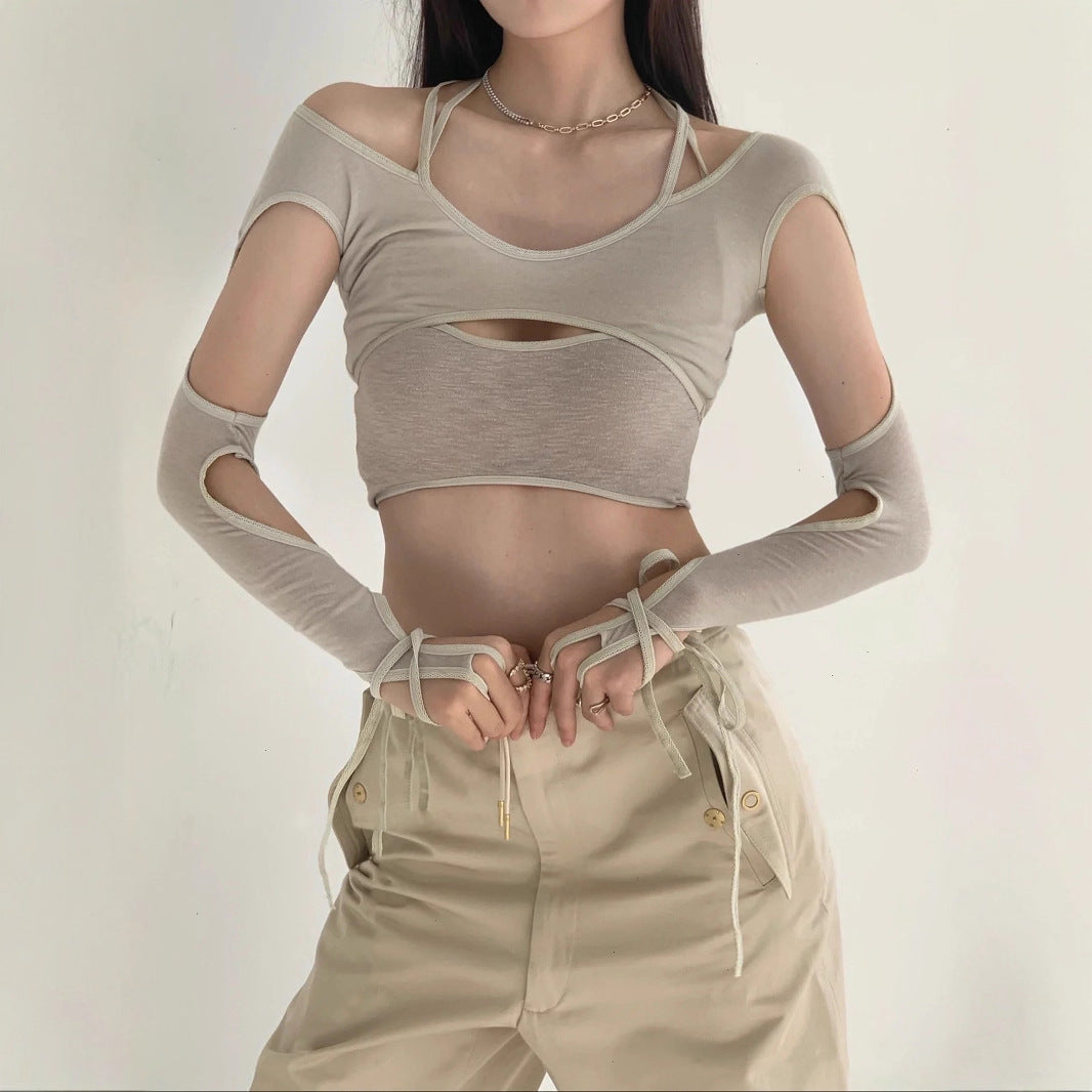 Hollow-out Faux Two-piece High-waisted Cropped Top