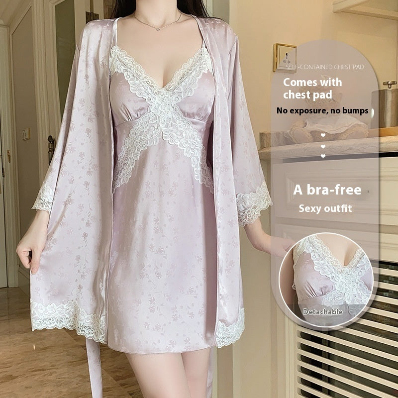 Deep V Push Up And Chest Pad Nightdress Lace-up Outerwear Gown