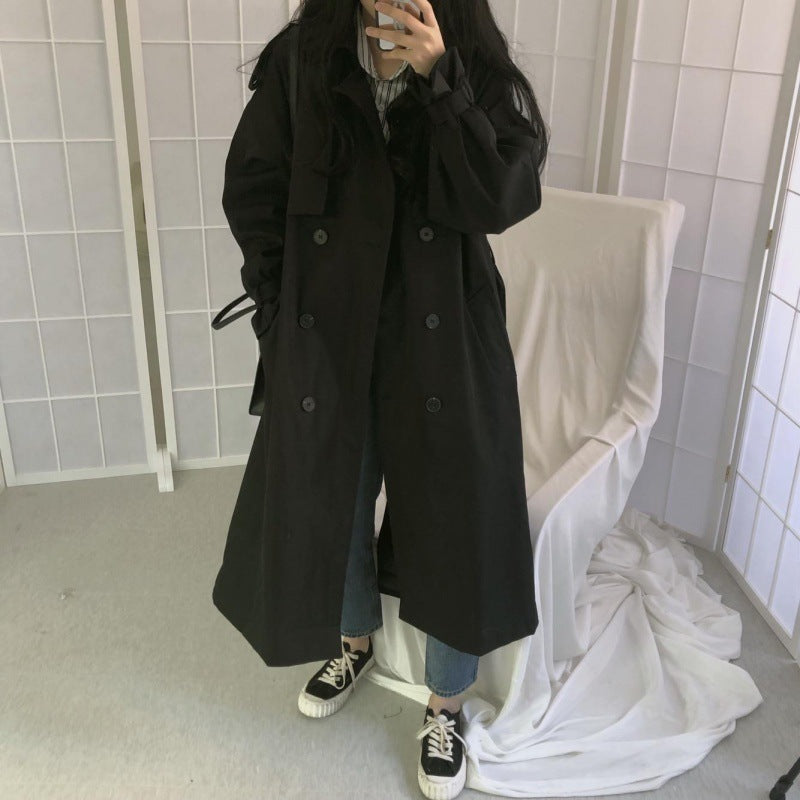 Women Black Trench Coat Mid Length Double Breasted Waist