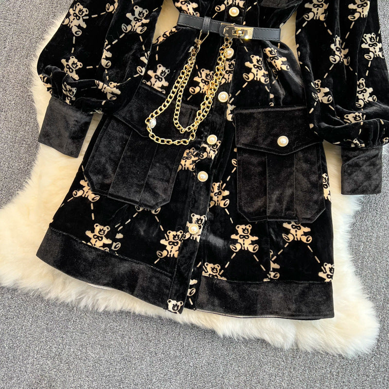 Single Breasted Lapel Gold Velvet Dress