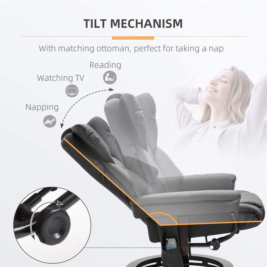 Massage Recliner Chair with Ottoman Footrest, 10 Vibration Points, 360° Swivel Reclining Chair, Faux Leather Living Room Chair with Side Pocket and Remote Control, Black