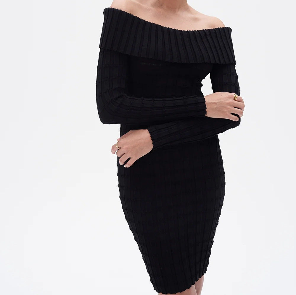 European And American-style Cold-shoulder Bodycon Knitted Dress With High Sense