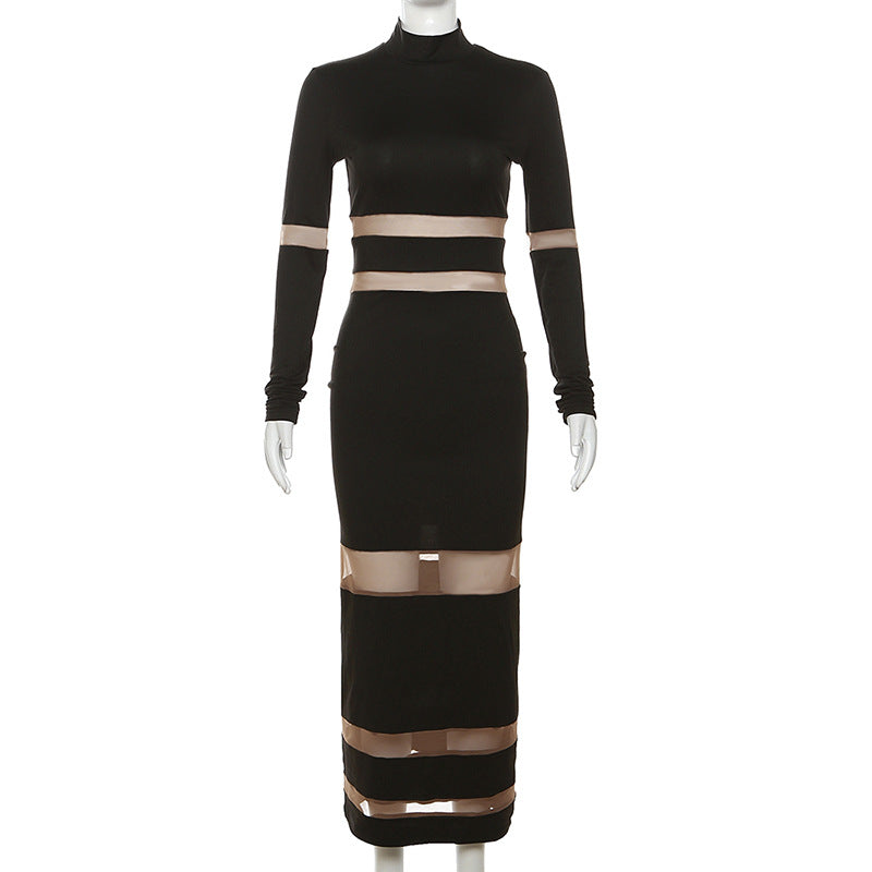 Mesh Patchwork Turtleneck High Waist Slim Long Dress