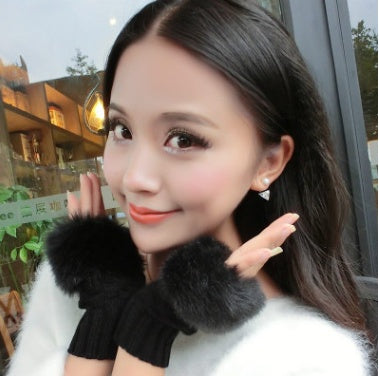Autumn and winter warm thickening ladies gloves Korean rabbit hair cute half finger gloves wool knit gloves