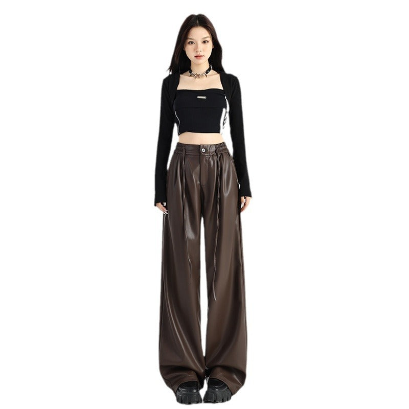 Retro Coffee Color Leather Pants Women's PU Pleated Straight Wide-leg Pants