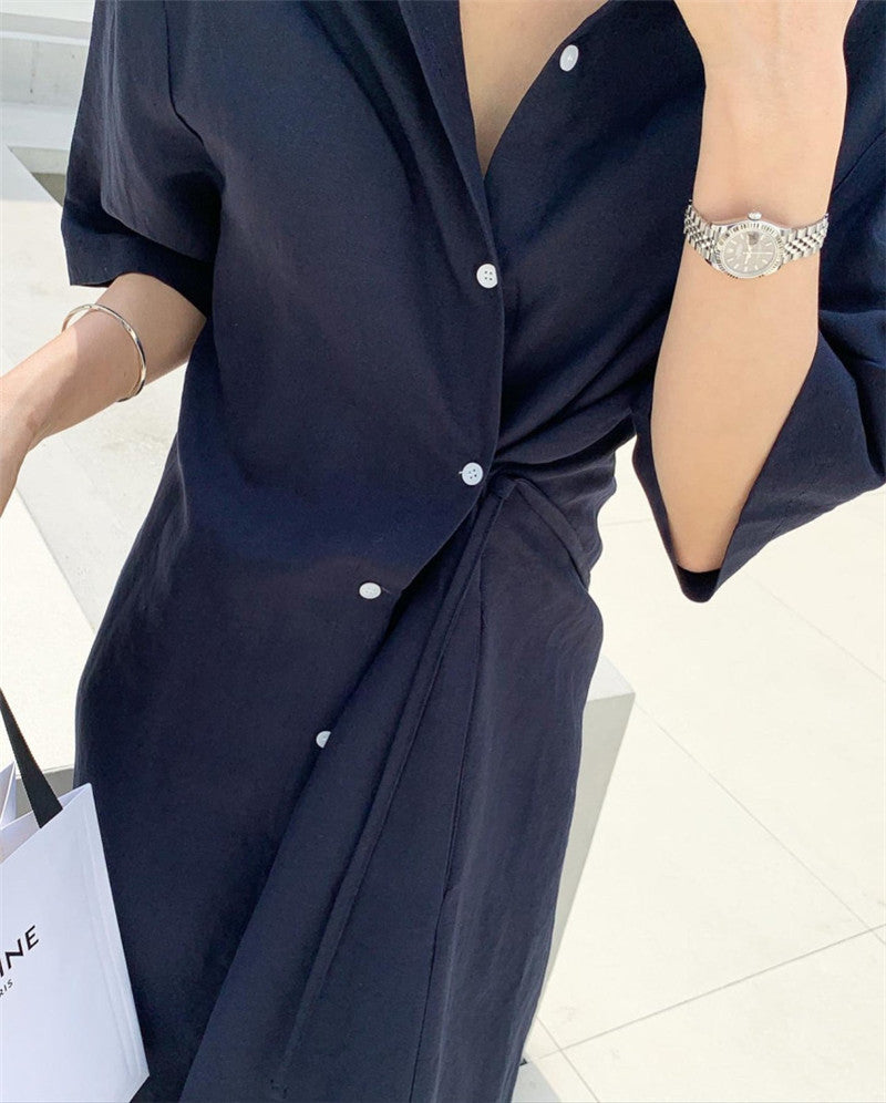 Minimalist Single-breasted Shirt Dress Over The Knee Long Skirt