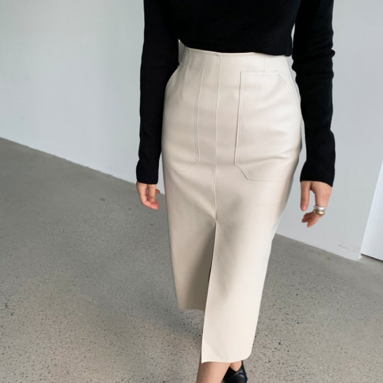 Mid-length PU Small Leather Skirt Split Hip Skirt High Waist Was Thin