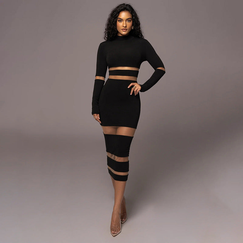 Mesh Patchwork Turtleneck High Waist Slim Long Dress