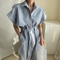 Temperament Lapel Single Breasted Lace Up Waist Multi Pocket Tooling Wide Leg Jumpsuit