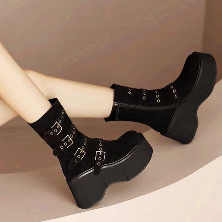 Platform Wedge Booties Women's Belt Buckle Muffin Middle Boots