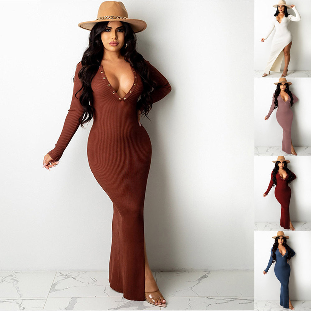 Women's Lapel Open Back Long Sleeve Slit Midi Dress