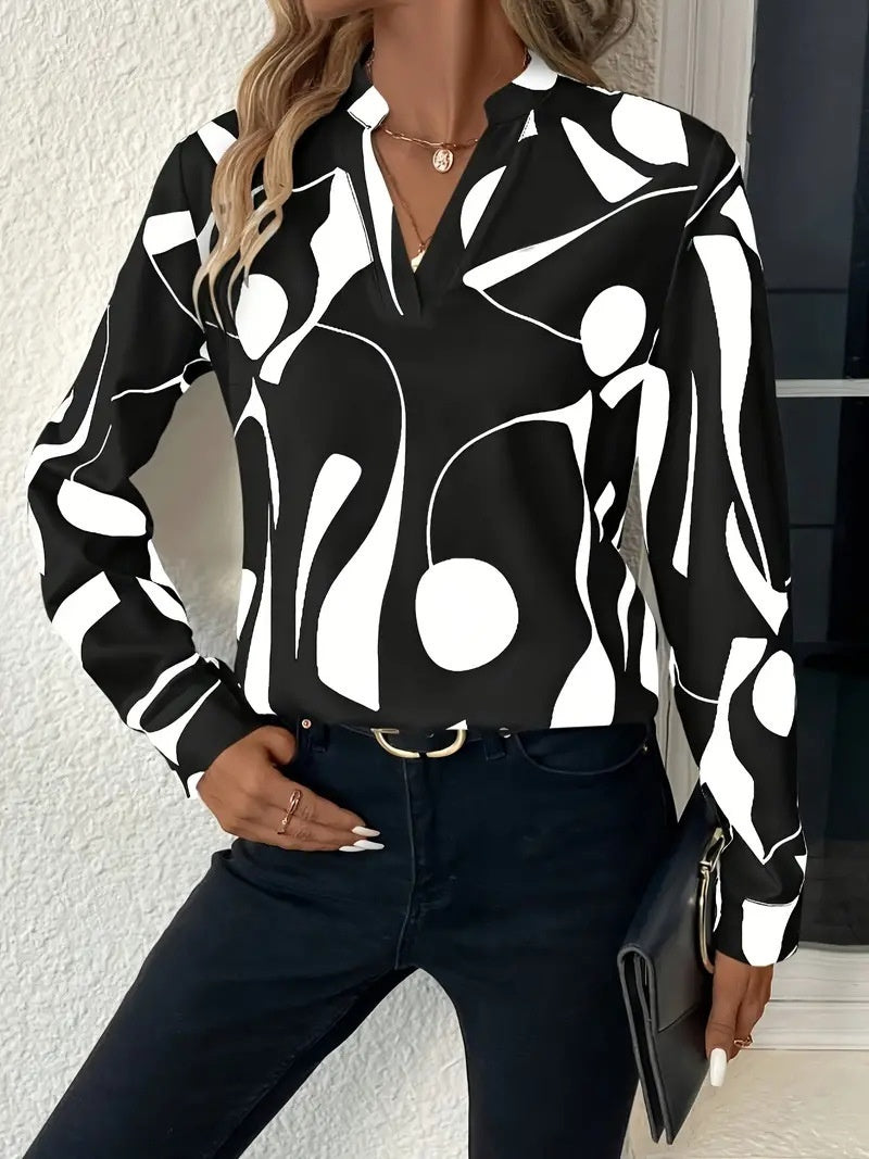 Women's Printed Notched Collar Shirt Long Sleeve