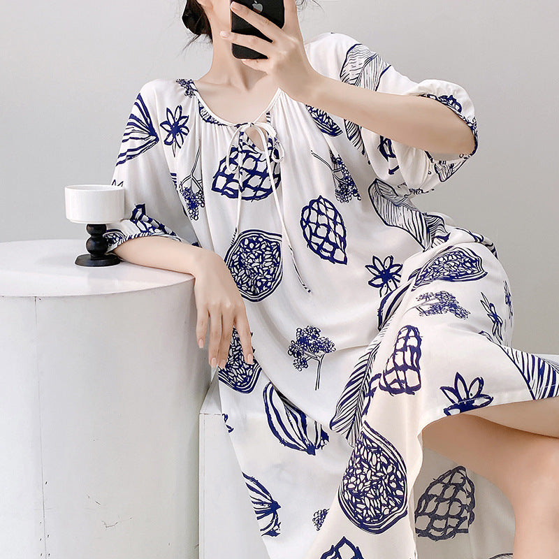 Women's Printed Cotton Nightdress Striped Plus Size Pajamas