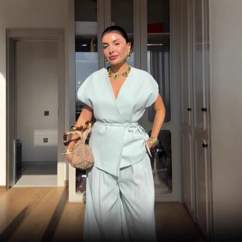 Elegant Solid Color Vest Lace-up Waist-controlled Top Trousers