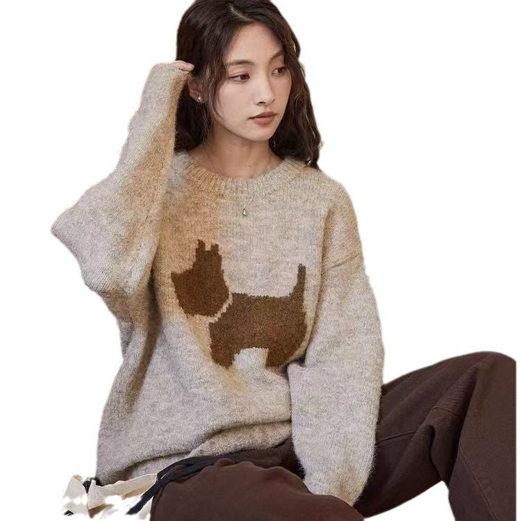 Idle Style Round Neck Loose Puppy Pattern Pullover Sweater For Women