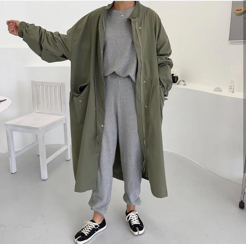 Autumn Winter Retro Idle Style Stand Collar Single-breasted Loose Long Sleeve Trench Coat Women