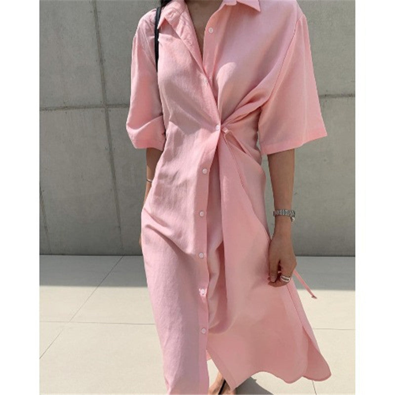 Minimalist Single-breasted Shirt Dress Over The Knee Long Skirt