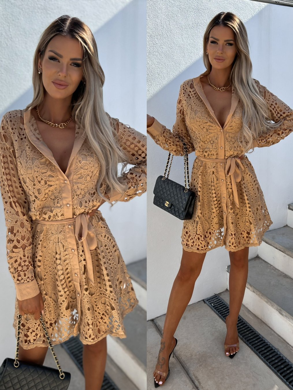 Solid Cutout Lace Single Breasted Long Sleeve Dress