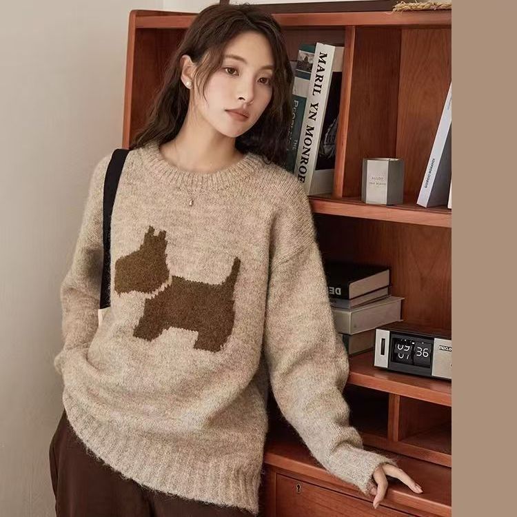 Idle Style Round Neck Loose Puppy Pattern Pullover Sweater For Women