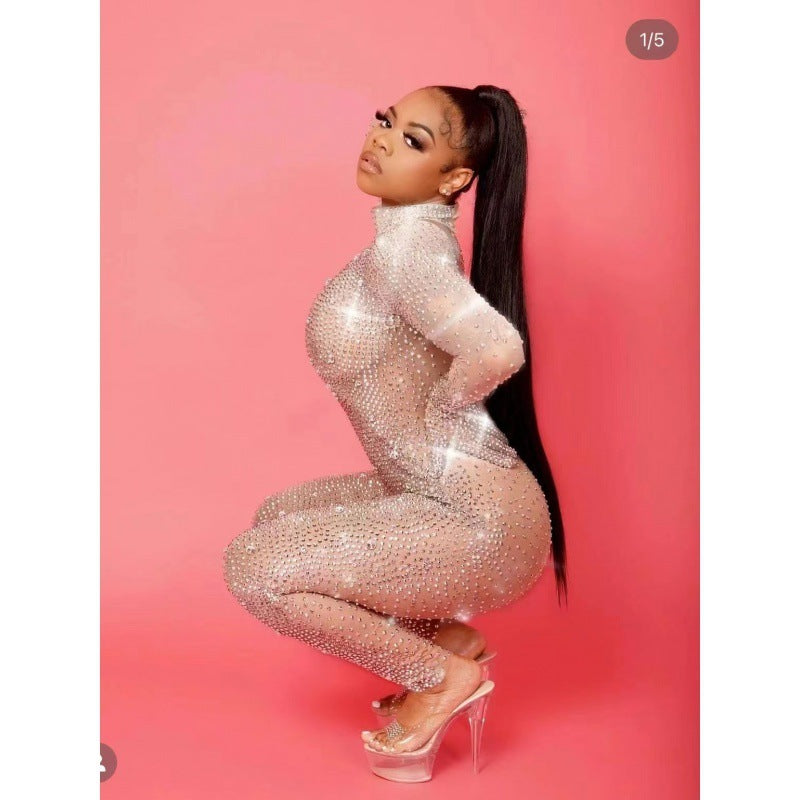 Cross Diamond Stretch Tight Jumpsuit European And American Bar DS Costume Dance