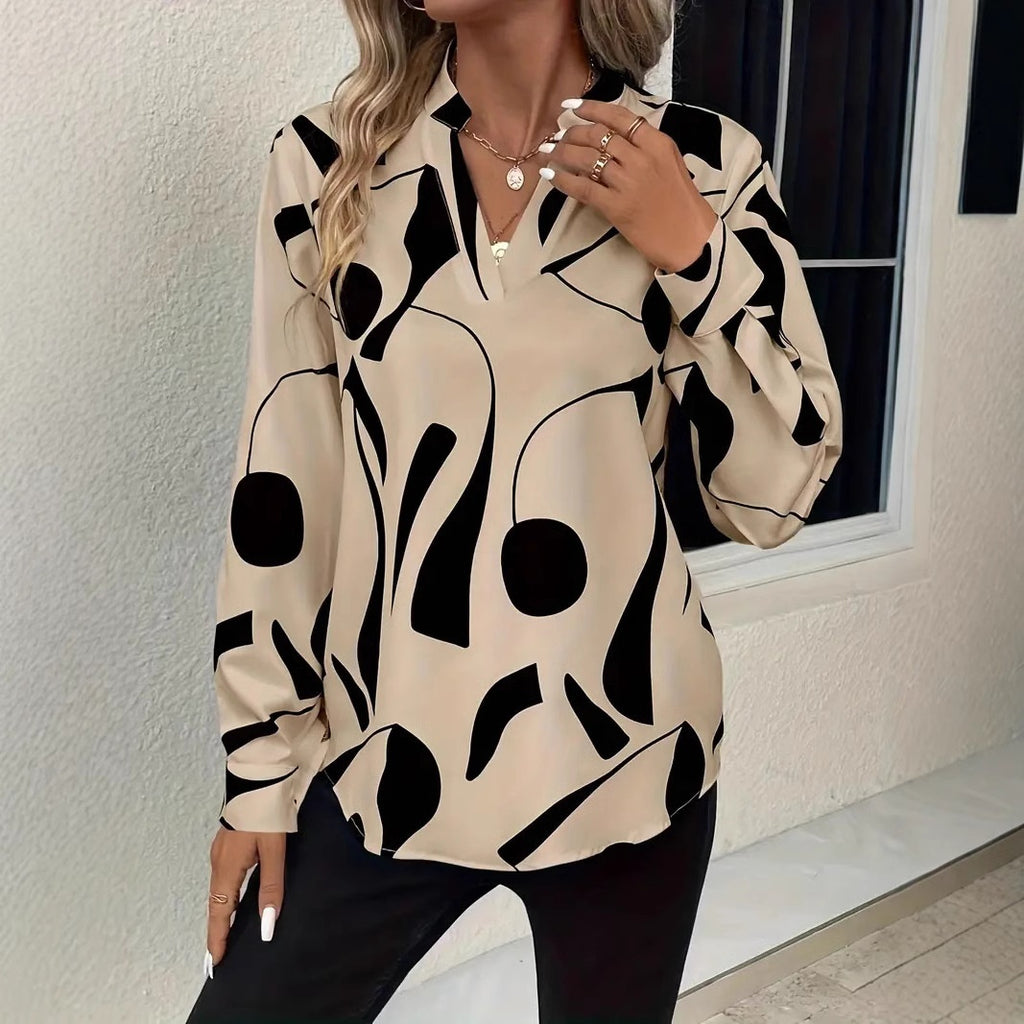 Women's Printed Notched Collar Shirt Long Sleeve