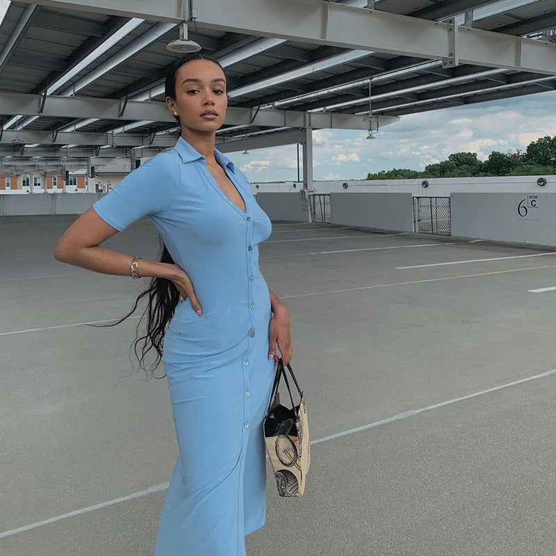 Casual Short-sleeved Pure Color Temperament Single-breasted Slim Dress