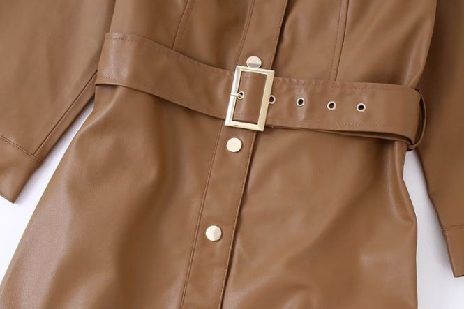 Women's Lapel Single-breasted Khaki PU Dress