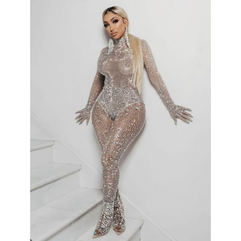 Cross Diamond Stretch Tight Jumpsuit European And American Bar DS Costume Dance