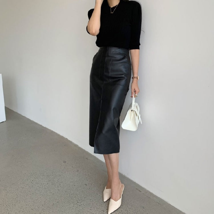 Mid-length PU Small Leather Skirt Split Hip Skirt High Waist Was Thin