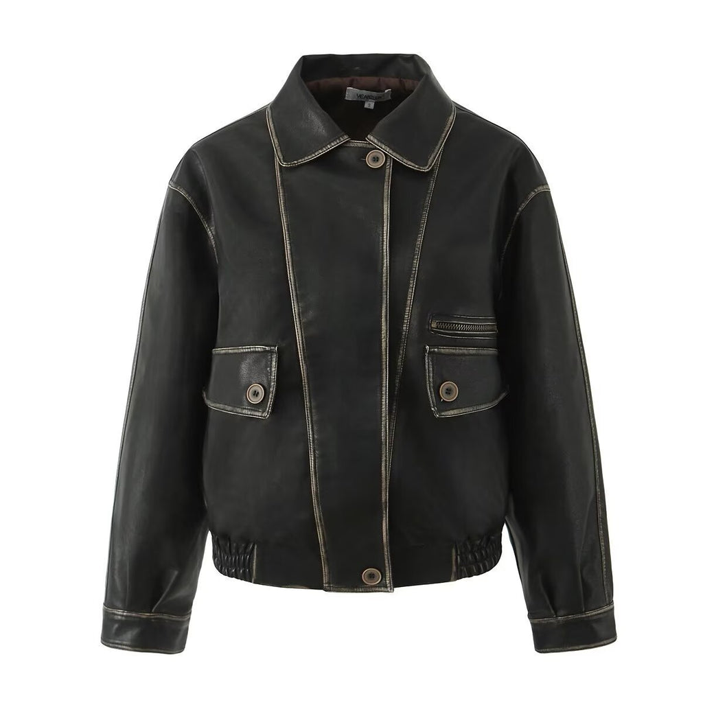 American Retro Asymmetric Colored Leather Distressed Casual Polo Collar Short PU Leather Jacket