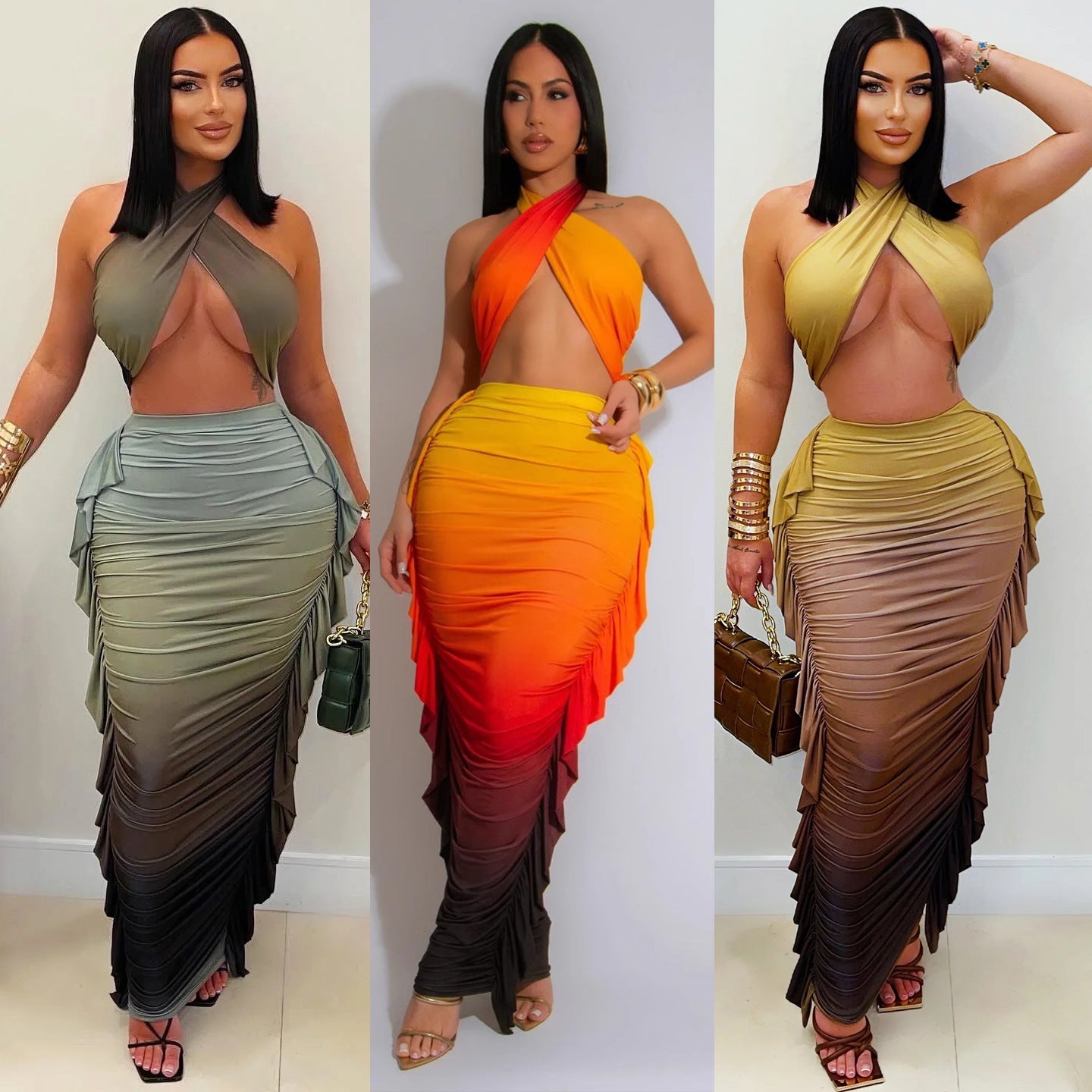 Women's Fashion Gradient Printing Navel Pleated Two-piece Suit