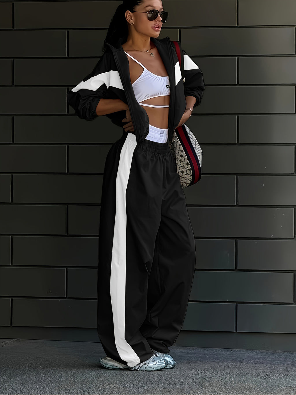 New Elastic Mid-waist Trousers Plus Contrast Color Casual Top Fashion Women's Wear Summer Suit