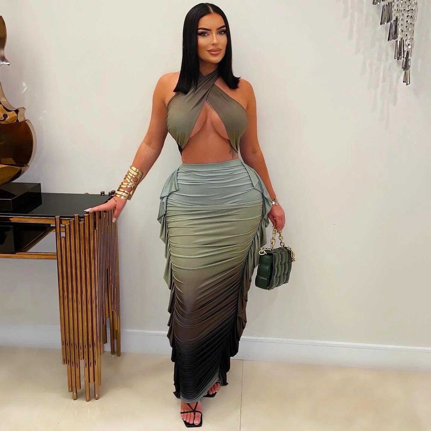 Women's Fashion Gradient Printing Navel Pleated Two-piece Suit