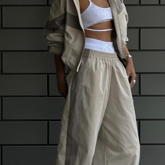 New Elastic Mid-waist Trousers Plus Contrast Color Casual Top Fashion Women's Wear Summer Suit