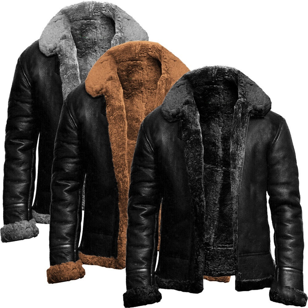 Men's Leather-fur One-piece Lapel Winter Cold-proof  Leather Jacke