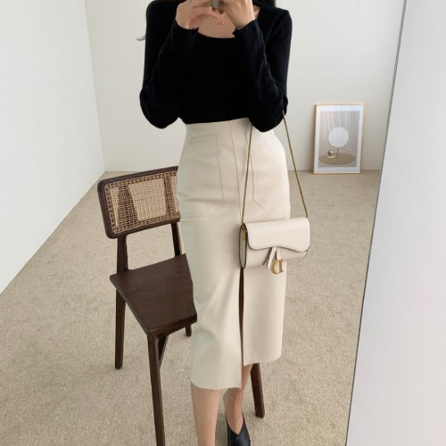 Mid-length PU Small Leather Skirt Split Hip Skirt High Waist Was Thin