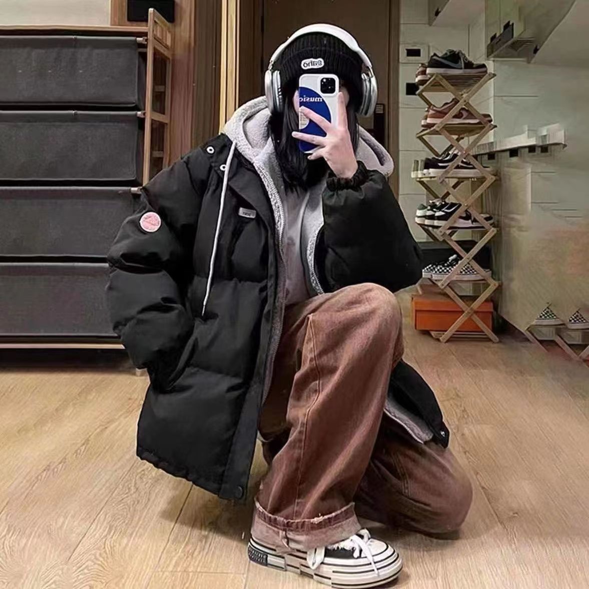 Fake Two-pieces Coats Women's Loose Hooded Thickened Warm Quilted Jacket Cotton-padded Coat