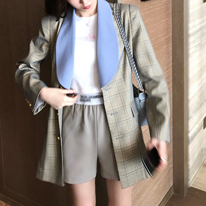 Retro Plaid Suit Single-breasted Pleated Dress Temperament Professional Wear