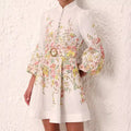Stand Collar Single-breasted Lantern Sleeve Positioning Printing Dress Women