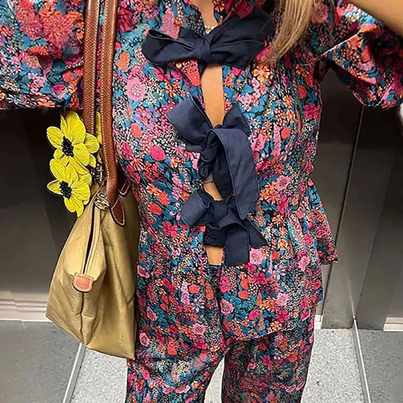Leisure Floral Tie-neck Long Sleeve Trousers Suit