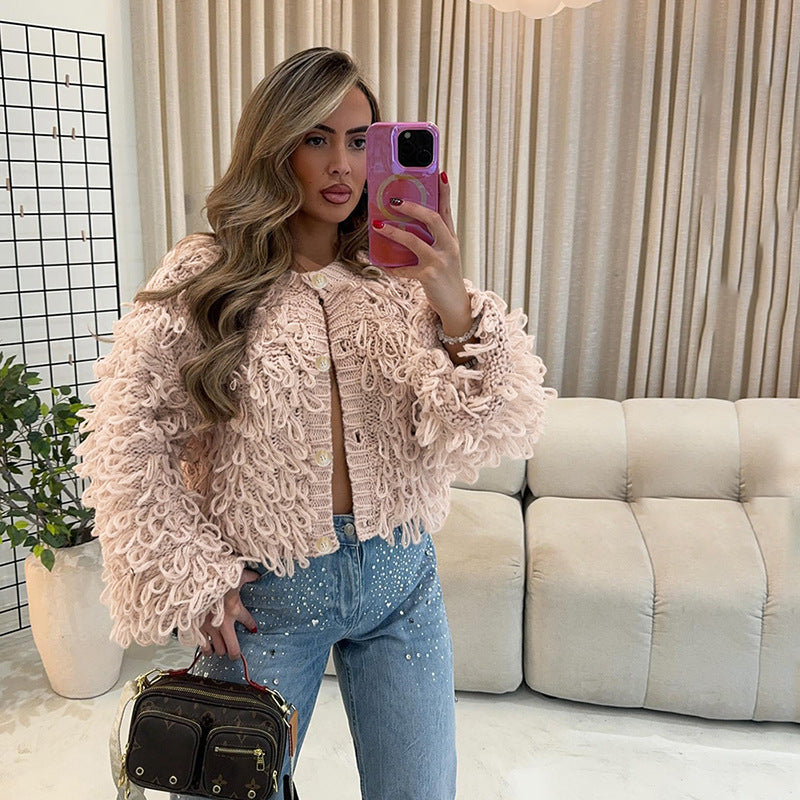 Womens Fashion Knitted Tassel-Trimmed Button-Up Sweater Coat