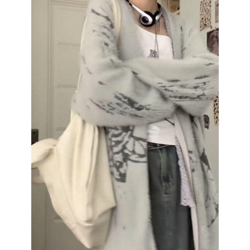 Printed Sweater Coat Mink-like Cut Loose Casual