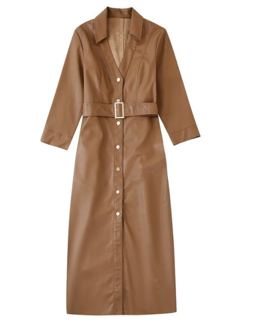 Women's Lapel Single-breasted Khaki PU Dress