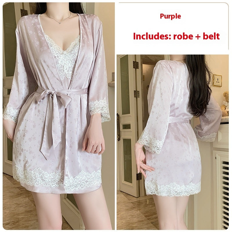 Deep V Push Up And Chest Pad Nightdress Lace-up Outerwear Gown