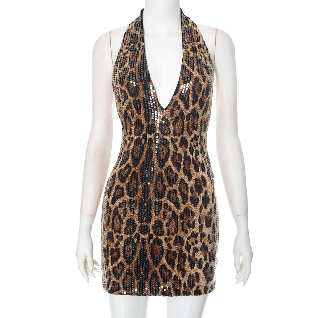 Sexy Sleeveless Halter Leopard Print Sequin Deep Collar Backless Hip Skirt