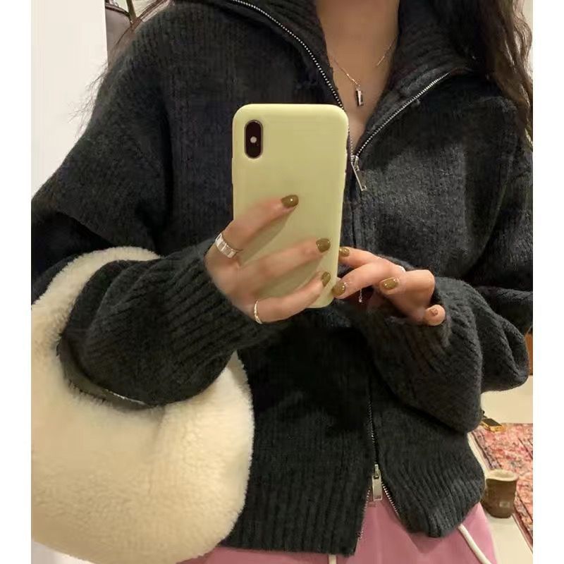 Sweater Small Cardigan Women's Short Preppy Style Stand Collar Zipper Sweater Spring And Autumn Thin Sweater