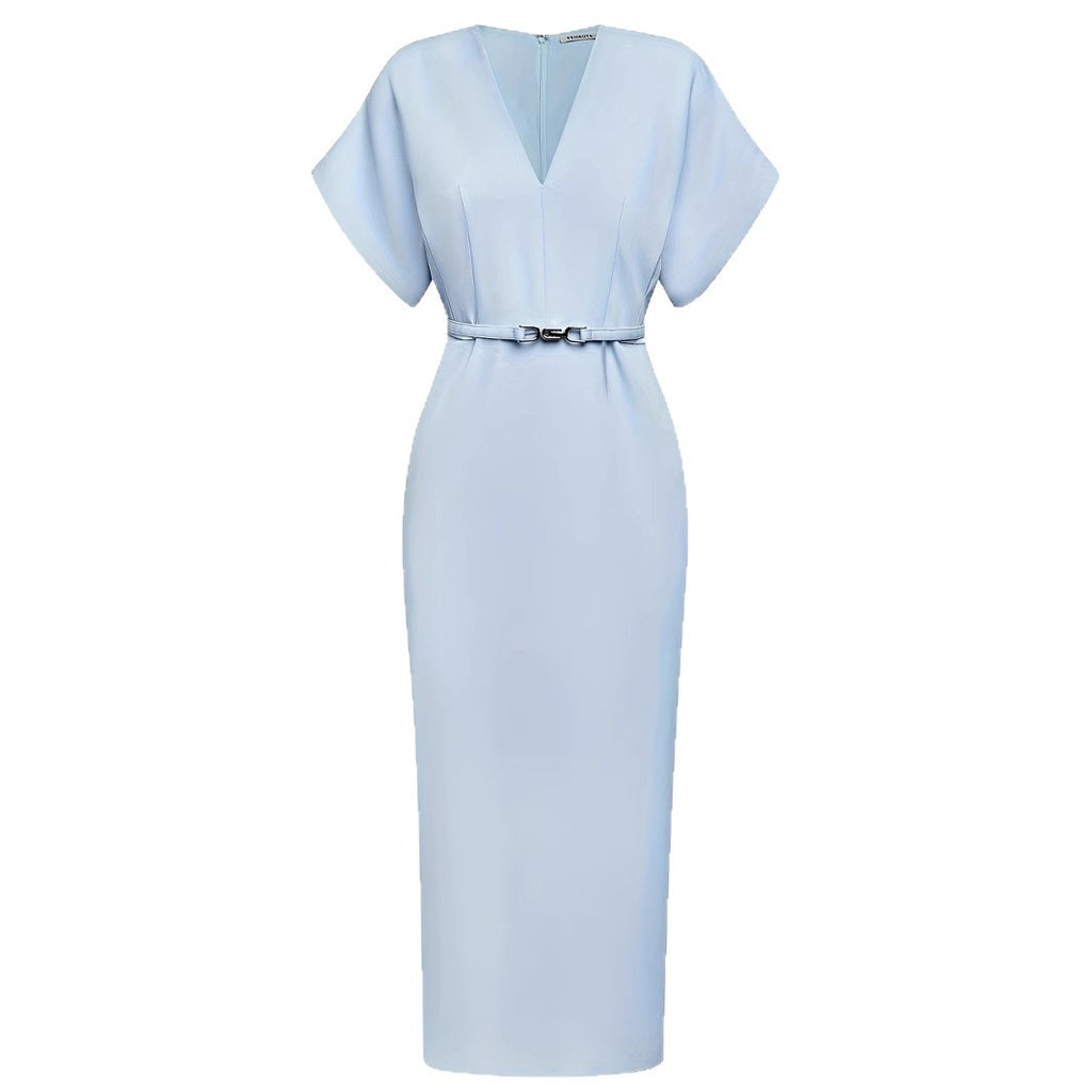 Elegant Classic V-neck Slim-fit Mid-length With Belt Dress