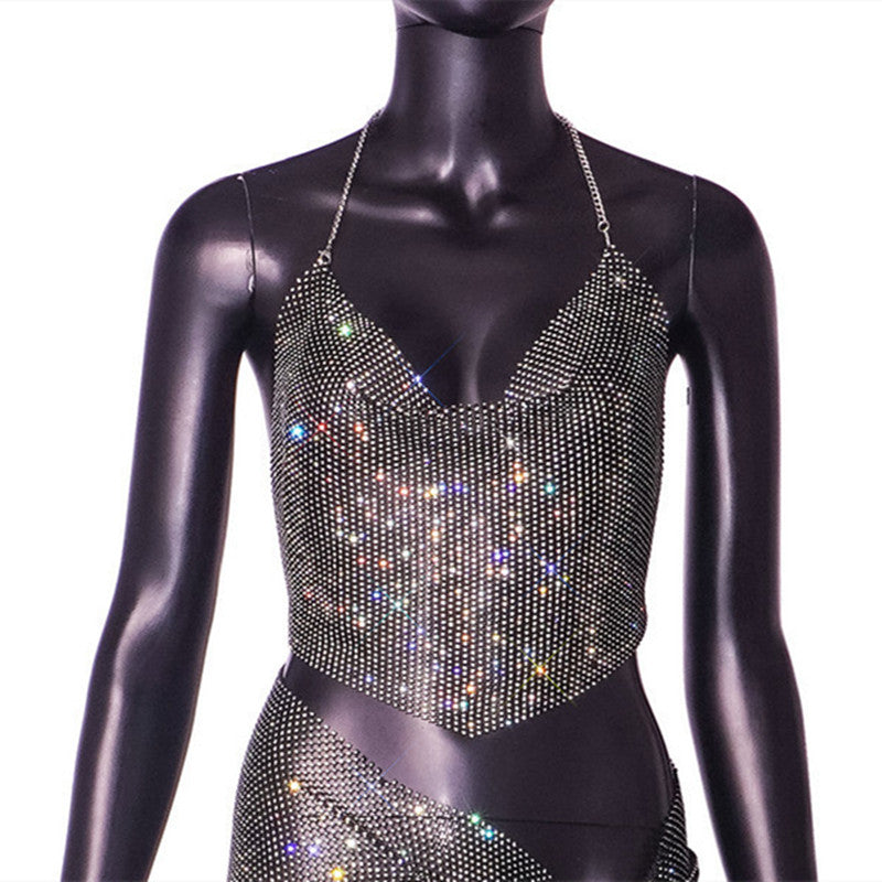 Women's Fashion Hollowed-out Fishnet Rhinestone See-through Suit