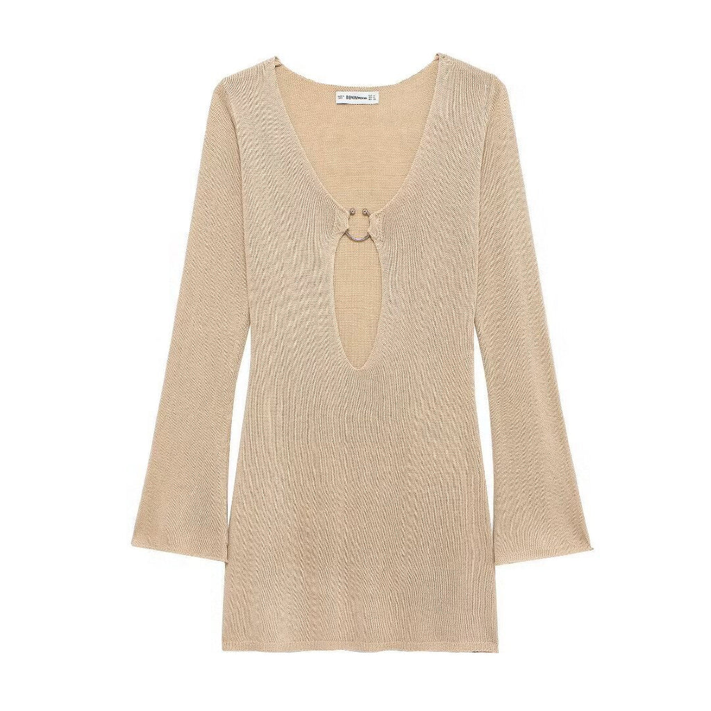 Summer Lady Temperament Fashion Deep V-neck Hollow Knitted Dress