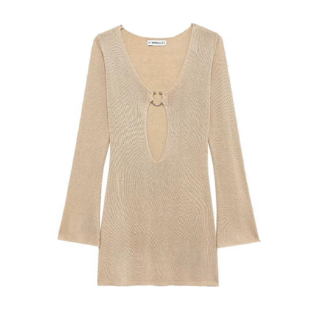 Summer Lady Temperament Fashion Deep V-neck Hollow Knitted Dress